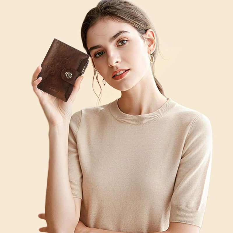 Blucoay Wallet Women,RFID Blocking Womens Wallet,Real Leather Bifold Compact Small Wallet for Women Card Holder with Zip Coin Pocket(Darkcoffee) - Image 2